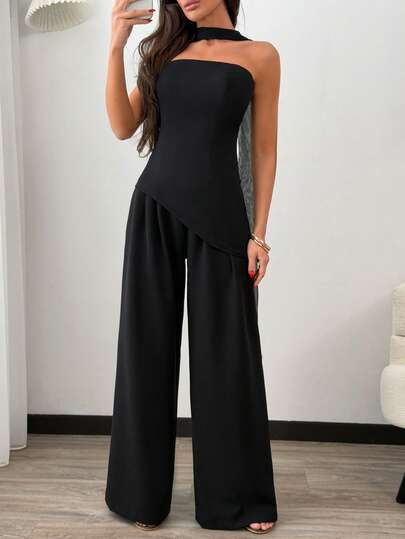 SHEIN Femmes, Printemps, Été, Ensemble, Noir, Coupe Régulière, Longueur Longue, Top Asymétrique Noir Sans Bretelles Avec Écharpe Drapée Au Cou, Pantalon Taillé Noir à Jambes Larges, Tenues de Soirée Élégantes Monochromes, Bustier Noir Chic et Ensemble, Tenue de Soirée à Une Épaule avec Détail d'Écharpe, Ensemble de Cocktail Haute Couture, Tenue de Soirée Minimaliste Noire, Look Luxueux Noir Deux Pièces, Styling avec Gants  Rouge, Assortiment avec Sac à Main Bordeaux, Pantalon Taillé Élégant, Corsage de Soirée Sans Bretelles, Élégant