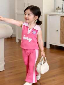 Genkimix Kids 3D立体花卉女童两件套：针织Polo背心和针织喇叭裤，撞色设计，夏季 - 玫紅色 - 查看 7