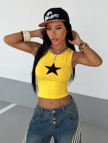 StreetHx Top corto de mujer con estampado de estrella negra - Amarillo - Ver 3