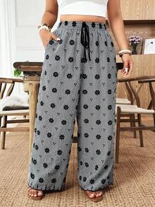 SHEIN LUNE Plus Size Women's New Elegant Black And White Embroidered Drawstring Waist Wide Leg Pants,High Waist Casual Boho Vacation Holiday Autumn - Multicolor - View 7