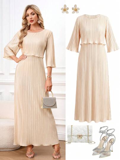 Ellevyn Women's Elegant Solid Color Textured Dress, Autumn Two Piece Set Dress Elegant Dress Pleated Dress Elegant Pleated Dress Summer Outfits For Women Women's Casual And Elegant Outfits A Long, Elegant, Two-Piece Dress In Champagne, Apricot, And Gold Colors, Perfect For The Festive Season. Two Piece Set Women Dress Pleated Skirt Set ,Spring Dresses For Women,Elegant Dress