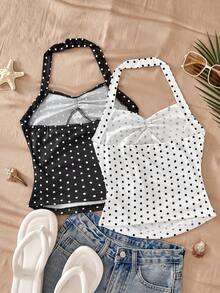 SHEIN Sparklyn 两件套少女黑白波点露背短款上衣套装，采用经典的黑白波点配色，精致的荷叶边饰边和收腰设计，适合日常穿着、家庭出游、休闲聚会等场合。 - 黑與白 - 查看 2