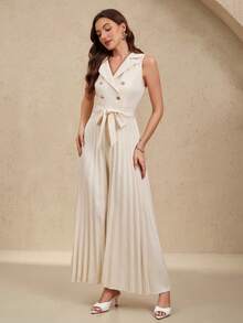 Selianne Women's Elegant Double-Breasted Pleated Jumpsuit, Apricot, Suitable For Spring And Autumn - Apricot - View 7