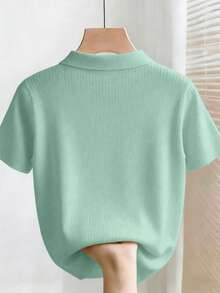 SHEIN Franclia New Summer Casual Loose Versatile Minimalist Elegant Soft Polo Shirt, Suitable For Office, Work, Commute, Metal Button Design, Slim Fit, Modest, Unisex, Extremely Simple Cardigan For Women - Dark Green - View 2