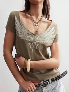 Bohemela 女士休闲 Y2K 波西米亚西部音乐节复古水洗针织做旧印花 V 领 T 恤，夏季上衣，女士夏季休闲风，适合海滩、夏季度假等场合。 - 軍綠色 - 查看 1