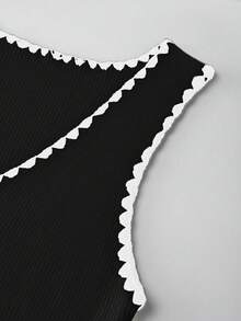 新款奢华时尚撞色V领简约优雅女装，夏季新款撞色无袖修身针织吊带连衣裙，性感妩媚日常通勤修身连衣裙 - 黑色 - 查看 5