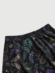 ROMWE Fairycore Jupe mini évasée style gothique sombre pour femmes avec imprimé chauve-souris, crâne, lune, citrouille - Noir - Voir 3