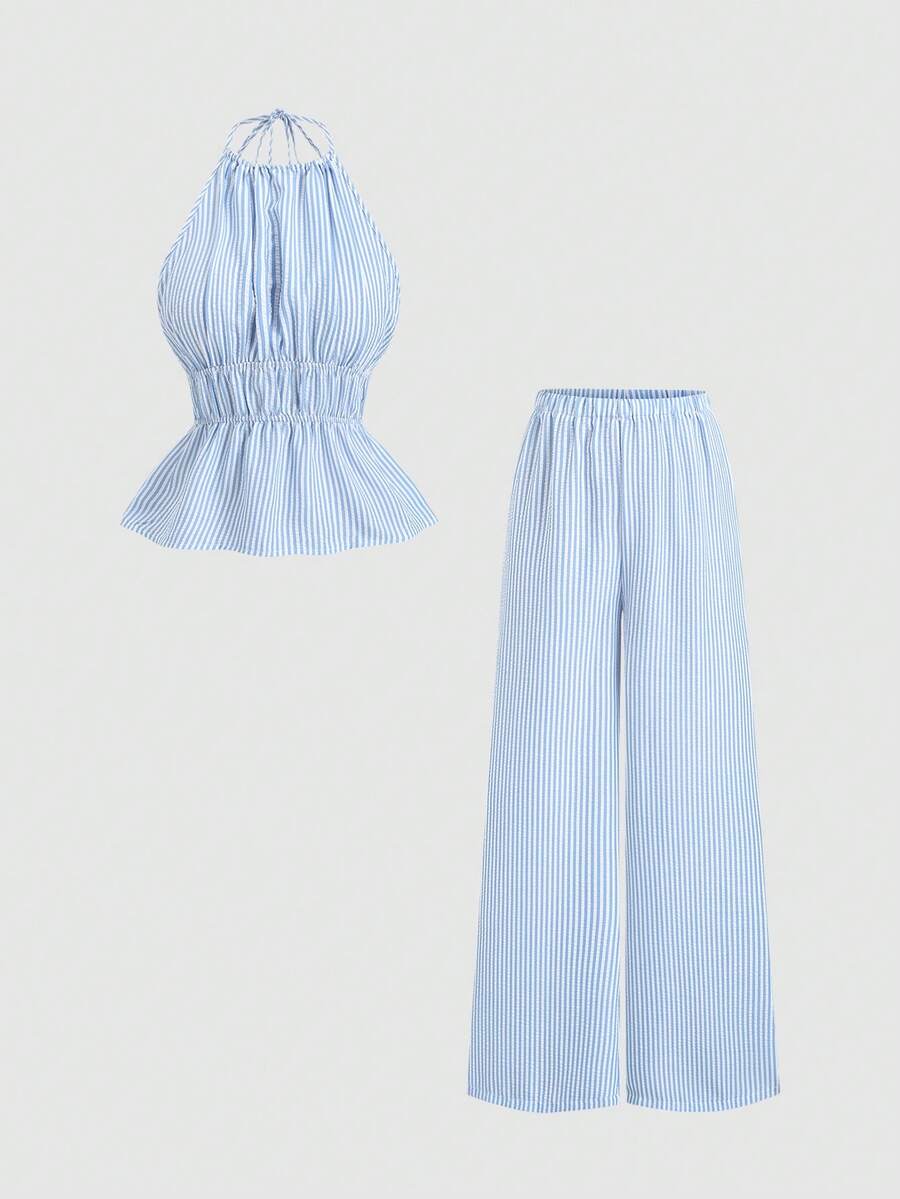 Franclia 女士法式宽松两件套，条纹系带露背上衣搭配休闲阔腿裤，时尚街头风夏季穿搭 - 藍色 - 查看 1