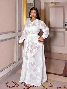 Maweii Vestido elegante de manga larga y transparente con botones delanteros para tallas grandes - Blanco - Ver 6