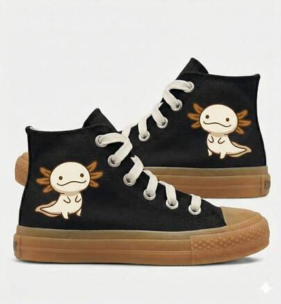 zapatillas de lona para niños y niñas lona color básico con cordones brillosos altos confort 100% lona excelente calidad dibujo de ajolote tierno liso 13 al 21 mx colores básicos liga negro rosa suela liga