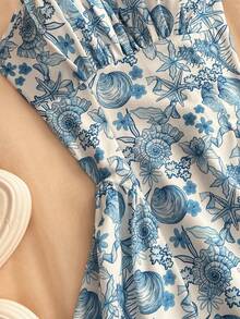 SHEIN Sweetro Đầm nữ mùa hè dây mảnh cổ vuông in họa tiết biển xanh, eo nhún. - Màu xanh lam - Xem 6