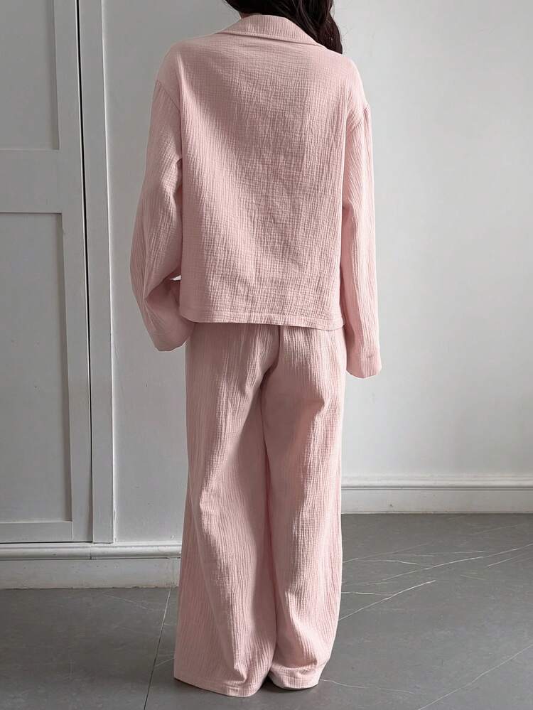 Women's Casual Solid Color Shirt & Pants 2 Pieces Set