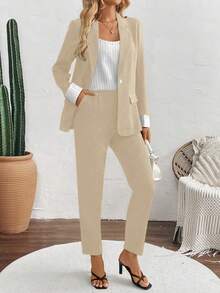 EMERY ROSE 女士条纹吊带背心、单排扣长袖外套和长裤休闲通勤套装 - 卡其色 - 查看 4