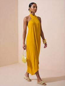 Zivah 2025春季新款音乐节休闲度假芥末黄露背吊带A字连衣裙 - 黃色 - 查看 4