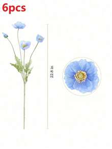 6支人造罂粟花，长59厘米，4朵花，简约现代风格，可弯曲且不褪色 - 可用于DIY花墙、场景布置、客厅和卧室花瓶插花、婚礼、派对装饰。 - 冰魄藍 - 查看 10