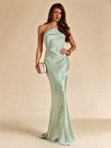 SHEIN BAE 春夏性感简约开心果绿，鼠尾草色纹理蕾丝拼接露背吊带修身长裙，饰有3D立体花卉，适合派对、鸡尾酒会、正式场合、伴娘、生日等场合，绿色缎面长裙，商务休闲风 - 綠色 - 查看 4