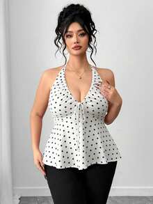 SHEIN Elenzya Áo hai dây chấm bi gợi cảm, thanh lịch dành cho nữ cỡ lớn, đa năng, phù hợp đi làm, thiết kế ôm sát với lưng thun giúp tôn dáng, thích hợp cho các hoạt động hàng ngày, đi làm và hẹn hò. - Đen và trắng - Xem 3