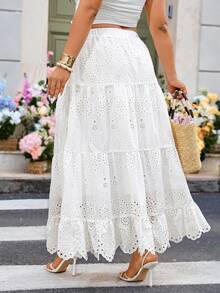 Breezaya Plus Size Women's Hollow Embroidered Skirt, White Long Skirt, High Waist Elastic Long Pleated Skirt, Bohemian Style Dress, Sundress, Beach Outfit, Spring/Summer Clothing - White - View 2