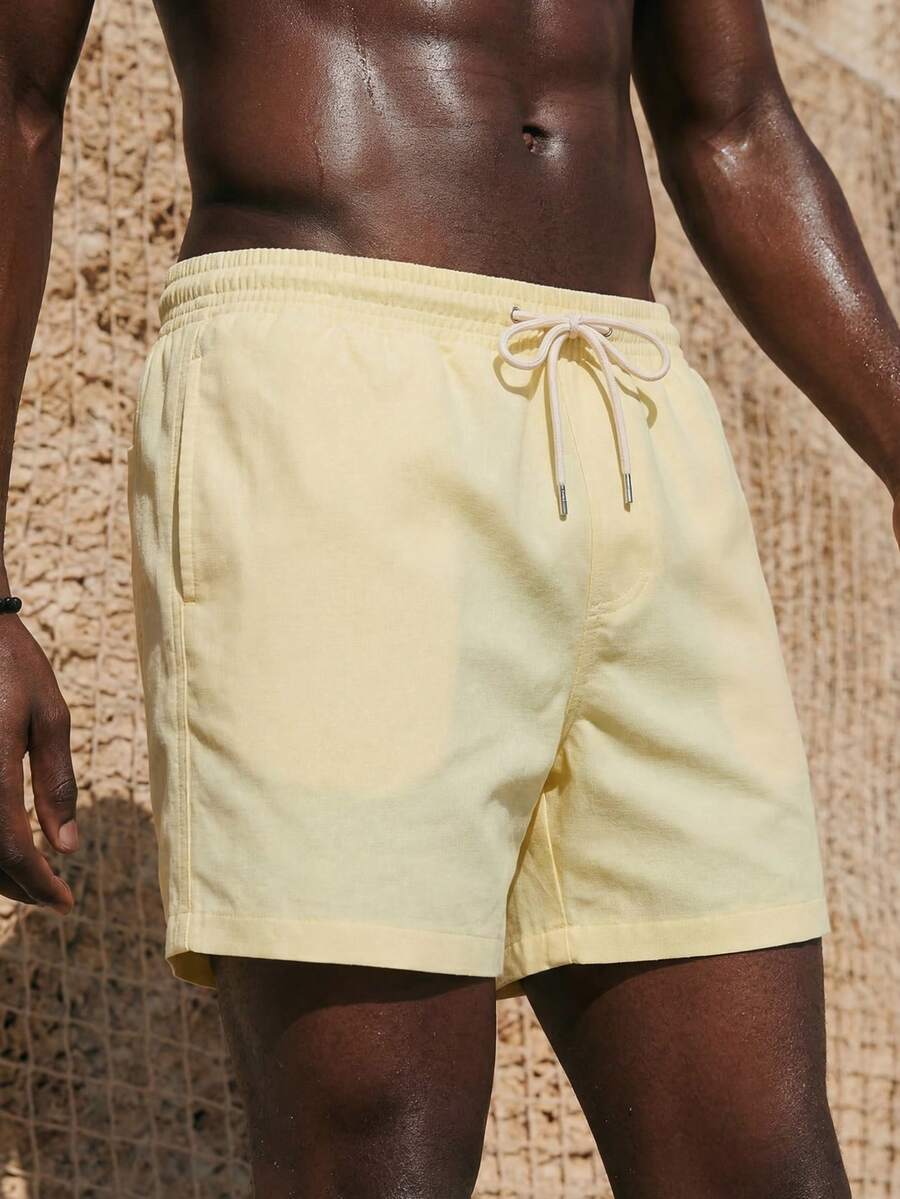 ZELFYO 男士纯色沙滩短裤，夏季时尚 - 黃色 - 查看 1
