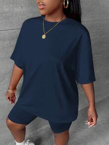 Slaydiva Plus Size Summer Casual Solid Color T-Shirt And Shorts 2 Pieces Set - Navy Blue - View 5