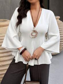 Weeklong White V-Neck Linen-Cotton Short-Sleeve (3/4 Length) A-Line Shirt For Plus-Size Women, Suitable For Casual, Office, Daily Wear & Spring/Summer Outings - White - View 8