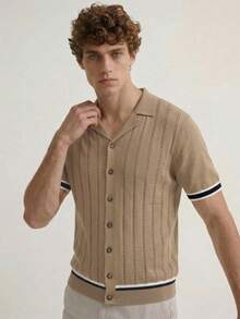 Manfinity CityGents 男士短袖镂空针织上衣 - 卡其色 - 查看 5