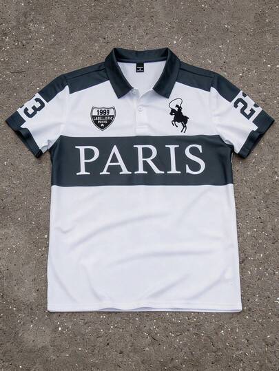 SHEIN Tween Boy Casual Patchwork Contrast Color PARIS Print Polo Shirt, Suitable For Spring/Summer, Outdoor, School, Street Style, Party, Y2K, Commute, Travel, Sports, Festivals, Dates, Weddings, Beach, Vacation