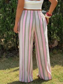 GalTyme 大码女式腰带条纹阔腿裤 - 彩色 - 查看 2