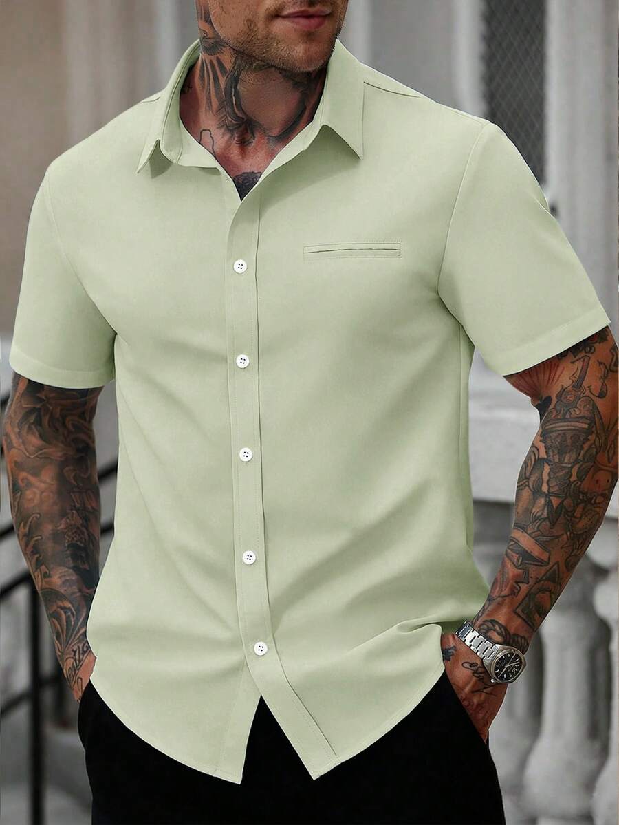 Manfinity Homme Kemeja Kasual Lengan Pendek Kancing Depan Warna Polos untuk Pria, Kemeja Polos Pria Kain Tenun Warna Hijau Muda - Hijau abu-abu - View 1