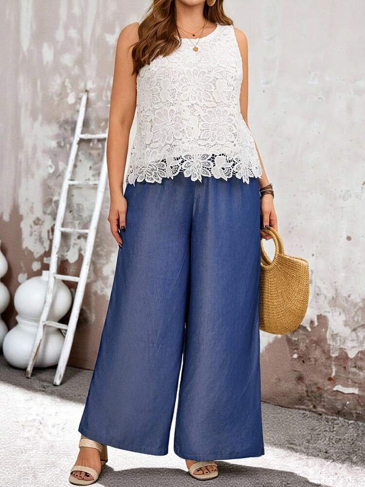 Plus Size Women Lace Round Neck Top And Wide Leg Pants Casual Everyday Set, Summer Outfit For Women,Spring Outfit,Holiday Outfits For Women,Casual Sets For Women,Going Out Outfits Wide Leg Pants Women Palazzo Pants Women Plus Size Wide Leg Pants Summer Pants Women ,Faux Denim Wide Leg Pants Boho Pants Plus Size Pants Wide Leg Pants Women High Waist Women's Summer Outfits Women Casual Outfits Women Vacation Outfit Sets Women's Summer Outfits Women 2 Pieces Outfit Casual Wide Leg Pants Woman High Waist