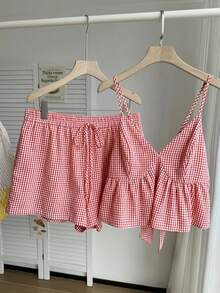 Comfortcana Red & White Plaid Camisole & Shorts Set, Plus Size - Red and White - View 5
