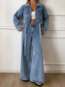 DAZY Women's Denim Jacket With Collar & Belt, Waist Cinched, And Loose Fit Jeans Set, Casual City Style - Medium Wash - View 4