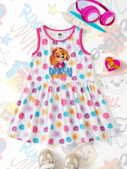 SHEIN | PAW Patrol Đầm không tay xếp bèo in họa tiết hoa cúc cho bé gái.