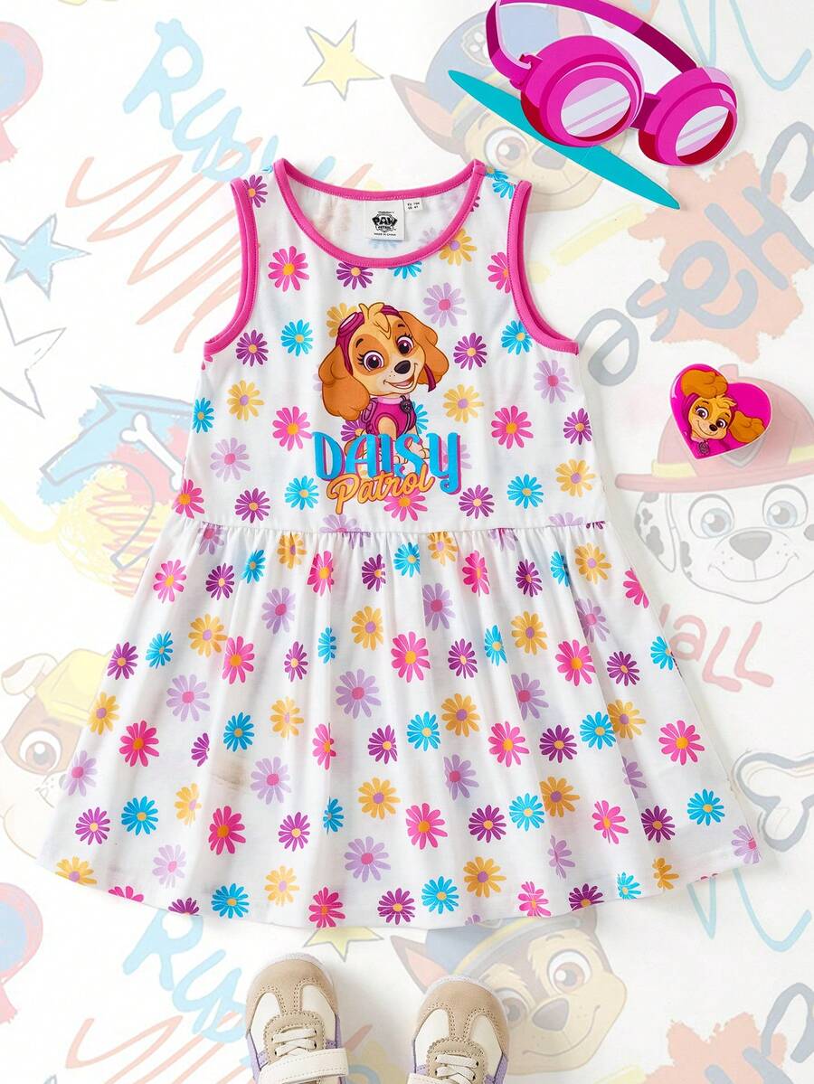 SHEIN | PAW Patrol Đầm không tay xếp bèo in họa tiết hoa cúc cho bé gái. - Hồng - Xem 1