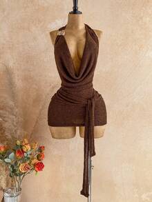 Soleia 深V露背性感迷你连衣裙，女士派对礼服，亮片棕色紧身连衣裙，派对，女士派对礼服，女士派对连衣裙 - 棕色 - 查看 1