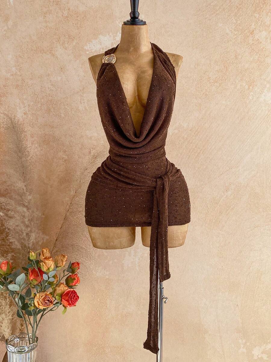 Soleia 深V露背性感迷你连衣裙，女士派对礼服，亮片棕色紧身连衣裙，派对，女士派对礼服，女士派对连衣裙 - 棕色 - 查看 1
