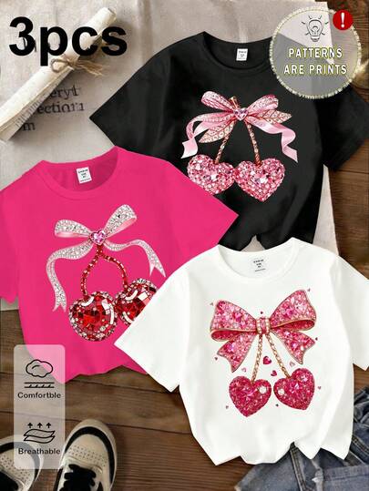 3pcs/Set Girls' Casual Chic Creative Butterfly, Cherry, Heart Graphic Print Basic Short T-Shirts, White/Pink/Purple, Comfortable Daily Wear For Spring, Summer & Autumn