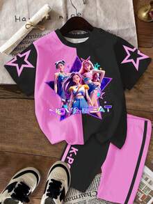 2pcs/Set Young Girl Casual Fashionable Colorful K-POP Girl Group Letter & Star Print, KPOP Style Printed Shirt And Shorts 2-Piece Set,Kids - Multicolor - View 2