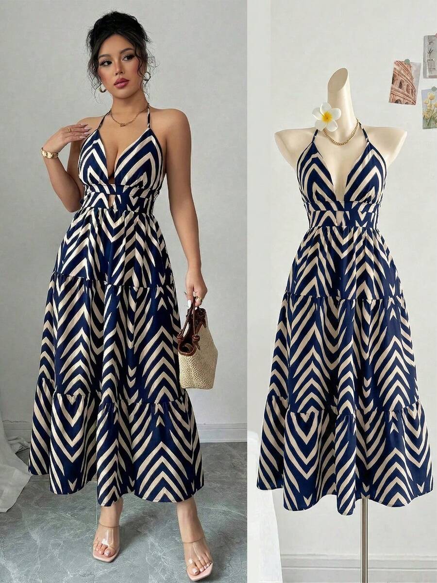 Elenzga 藏蓝色条纹印花V领收腰A字连衣裙，优雅露背性感休闲度假风，适合情人节、劳动节、复活节、返校季、花园、海滩、旅行、夏季等场合。 - 藏蓝色 - 查看 1