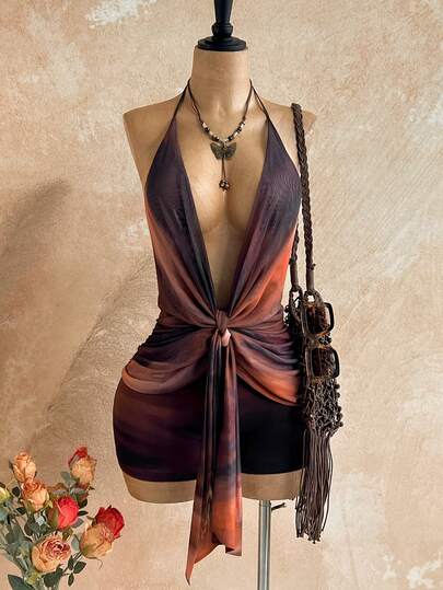 Soleia Bộ jumpsuit ngắn ôm sát cơ thể kiểu mới, cổ xếp ly, xoắn nhún, phối màu gradient, thích hợp cho tiệc tùng, hẹn hò, ngày Valentine, lễ Phục sinh, lễ hội hóa trang, tiệc trà chiều, đi biển, du thuyền, kỳ nghỉ thành phố, phong cách Bohemian, Boho, du lịch, trang phục nữ mùa thu, vintage, ngày lễ.