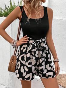 SHEIN LUNE 女士夏季拼色 U 领印花休闲度假连体衣 - 彩色 - 查看 6