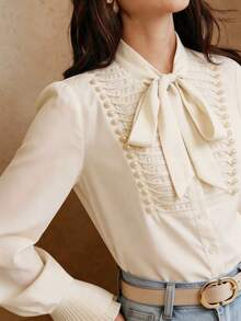 Anewsta Elegant Bowknot Tie Design Embroidered Beaded Women Blouse - Apricot - View 2