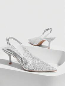 CUCCOO SZL Spitz zulaufende Riemchen High Heel Sandalen, transparent silberne Glas-Strass-Verzierung, formelle Abend- Braut- Hochzeitsfeier Schuhe - Silber - Übersicht 6