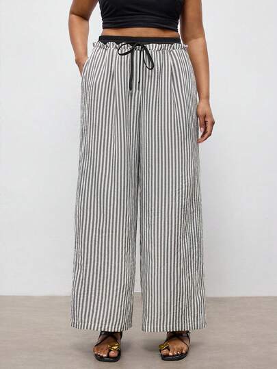 Maija 大码女式条纹短袖衬衫和阔腿裤休闲套装