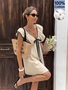 Serisse Women's 100% Cotton Black And Beige V-Neck Contrast Bow Decor Ruffle Babydoll Hem Short Dress,Elegant Summer Holiday Picnic Holiday Vacation Outfits - Apricot - View 6