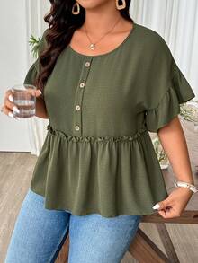 Weeklong Plus Size Women's Military Green Crinkle Fabric Wood Button Ruffle Trim Round Neck Short Loose Blouse, Casual Vacation Comfortable Outerwear, Spring/Summer Premium Tops For Women Tops For Ladies Casual Tops For Women New Arrivals Blouse For Women Casual - Army Green - View 3