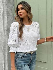 SHEIN Clasi Women's Vacation Casual Solid Color Hollow Embroidered Blouse Women Outfits Summer Spring Outfit Tops For European And American Style - White - View 8