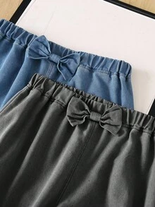 SHEIN 少女时尚休闲牛仔夏季牛仔裤，水洗百搭舒适高腰蝴蝶结设计直筒阔腿蓝色牛仔裤两件套 - 彩色 - 查看 3
