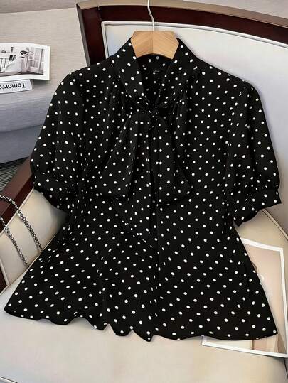 GlowEve CURVE Plus Size Elegant Polka Dot Print Tie Collar Blouse, Summer