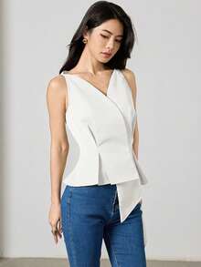 Heiryn Áo kiểu nữ không tay, màu trơn, thiết kế xếp ly, vạt áo bất đối xứng - trắng - Xem 6